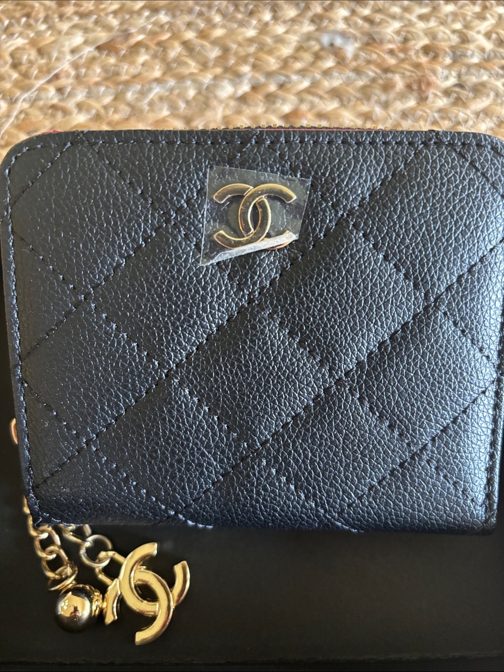 Black Quilted Leather Small Wallet with Gold CC Charm and Chain - Picture 2 of 9